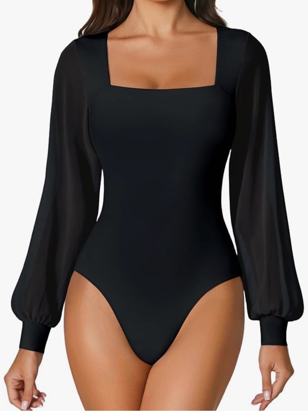 Sleek Black Square-Neck Long Sleeve Bodysuit 157 trendy work, Office party chic